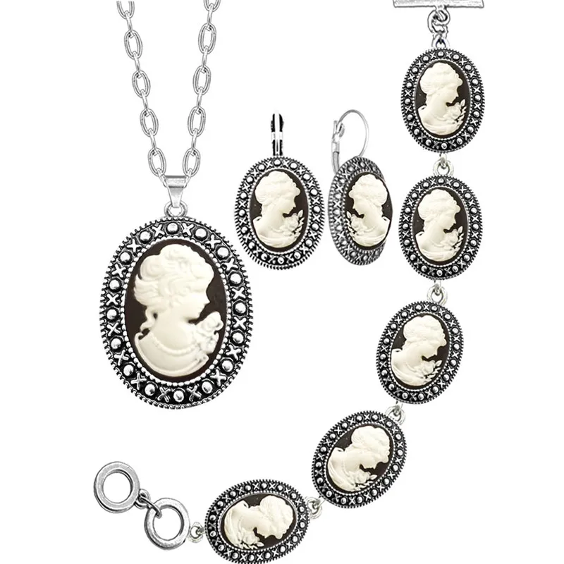 Oval Dronning Cameo Smykker Sæt Antik Sølv Forgyldt Halskæde, Øreringe, Armbånd, Mode Smykker TS419